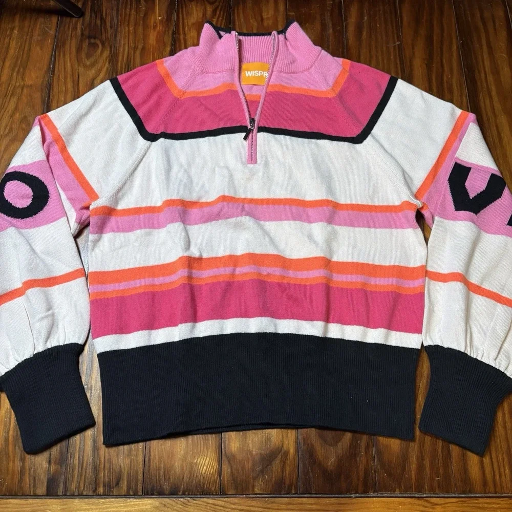 WISPR Brodie 1/4 Zip Pink Striped LOVE SLEEVES Pullover Sweater Sz S Silk A1907